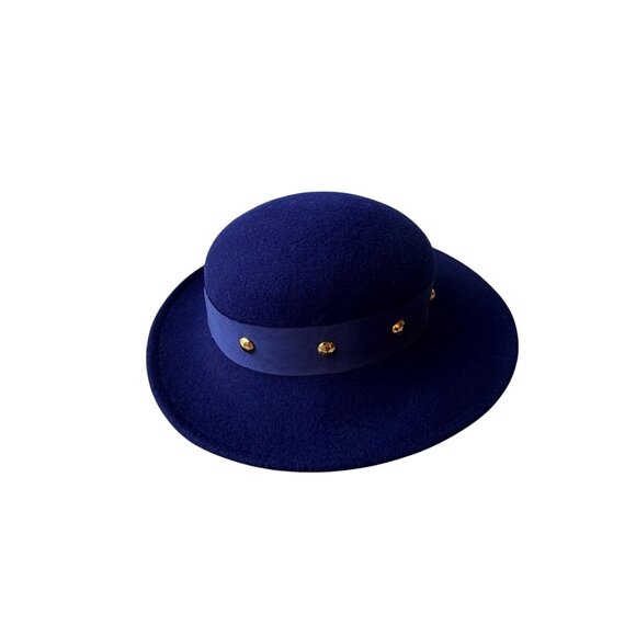 Vintage 1960s Navy Wool Wide Brim Hat with Ribbon & Gold Stud Trim Elegant - Picture 5 of 9